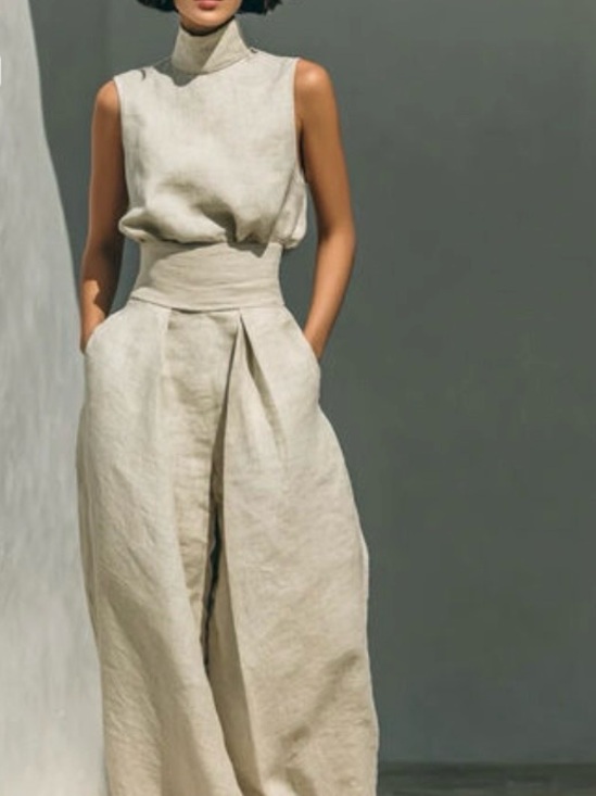 Pants - Ivory Turtle Neck Sleeveless Top and Pants Set- Plus Size Available